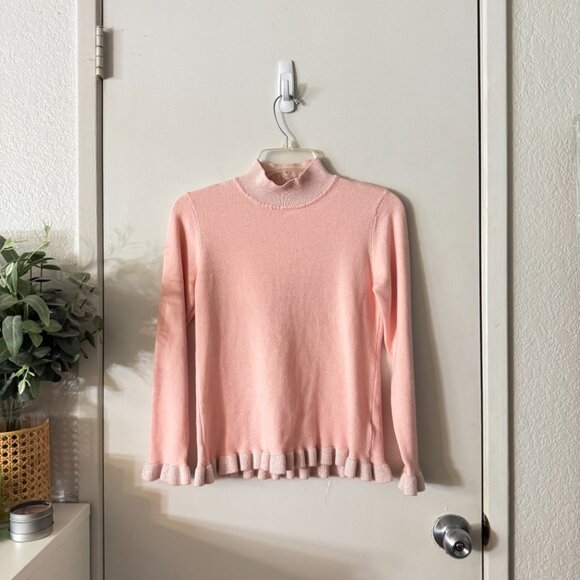 ☀️ NANETTE LEPORE Ruffle Hem Baby Pink Mockneck Sweater Cute Girly Cottage Small - Picture 1 of 7